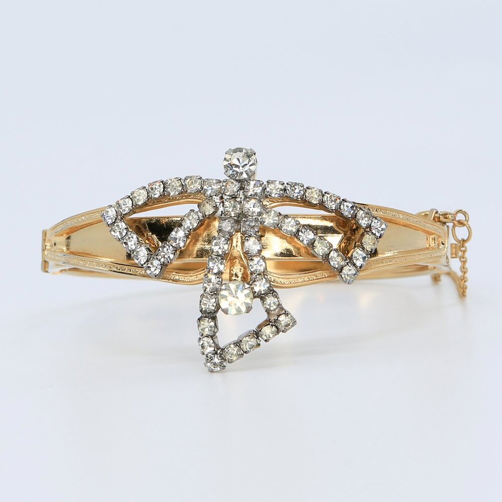 Vintage MCM Gold‎ Tone Rhinestone Draped Bow Hinged Bracelet 1940s